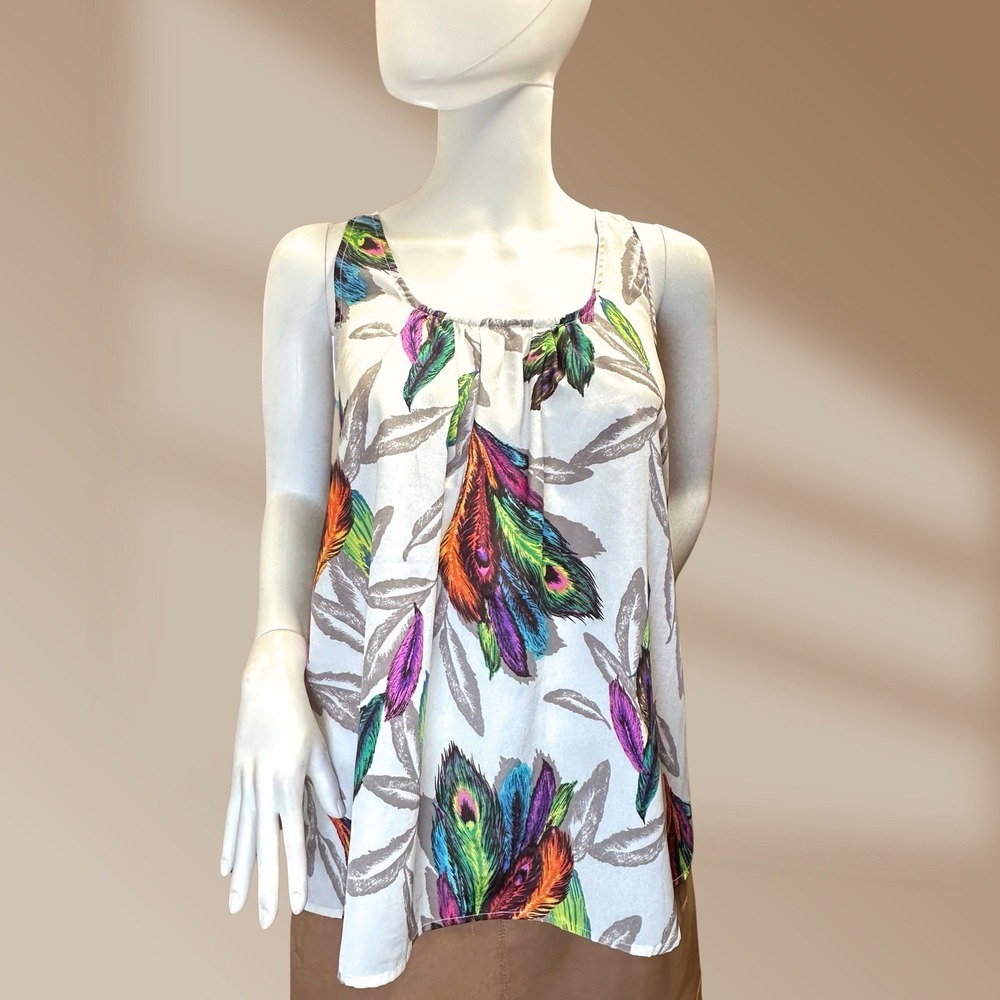 Vanity Ladies Tank Top With Ruffle Accent on Back Colored Feathers on White Sz M